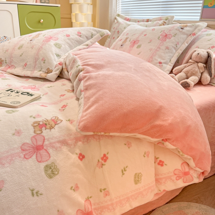 慕尚家纺 2025新款高克重田园花卉类加厚牛奶绒3.5kg四件套 蝴蝶小兔