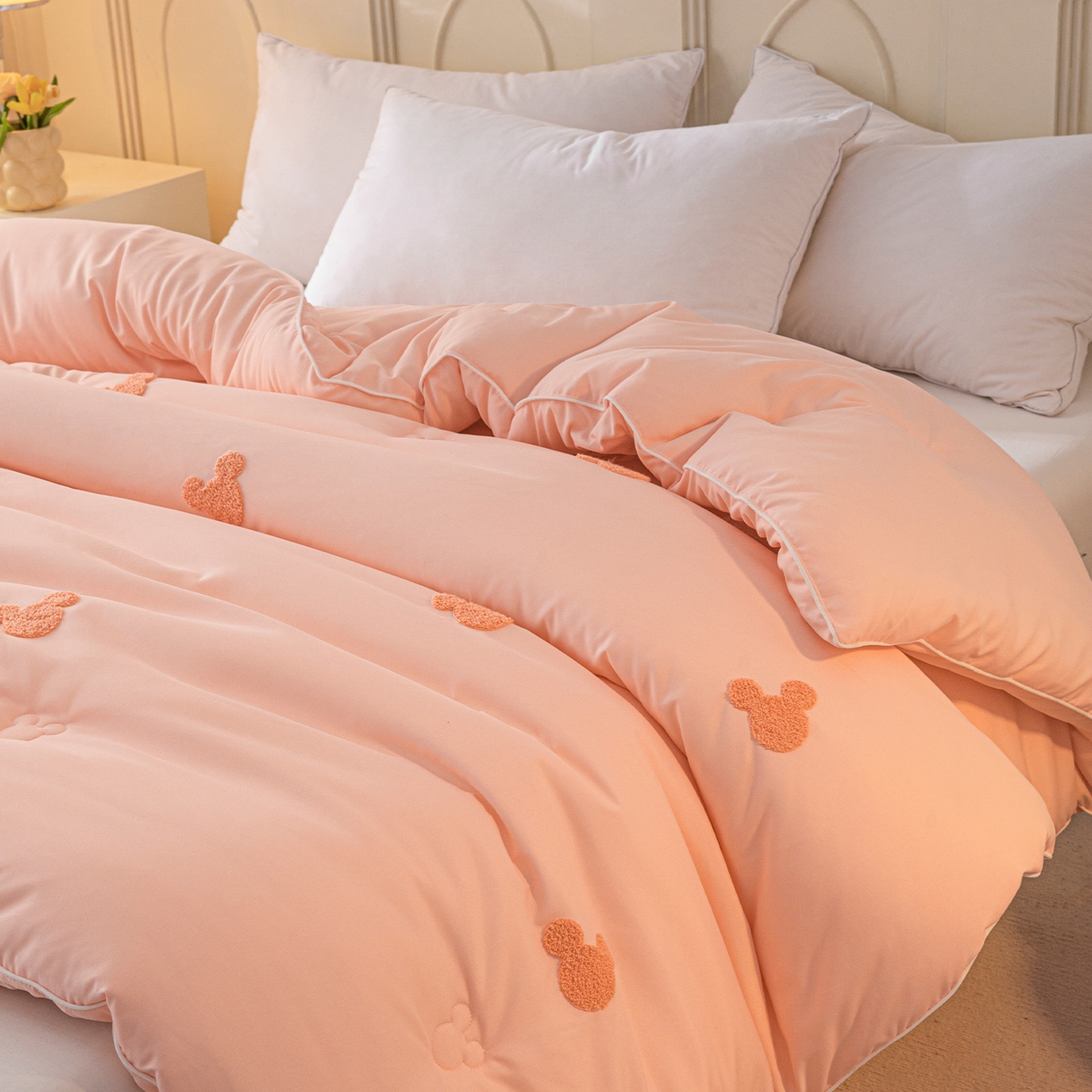 91家纺网 家纺一手货源 找家纺 一加一 2025新款中科院抗菌毛巾刺绣大豆被被子被芯-米奇 米奇-粉