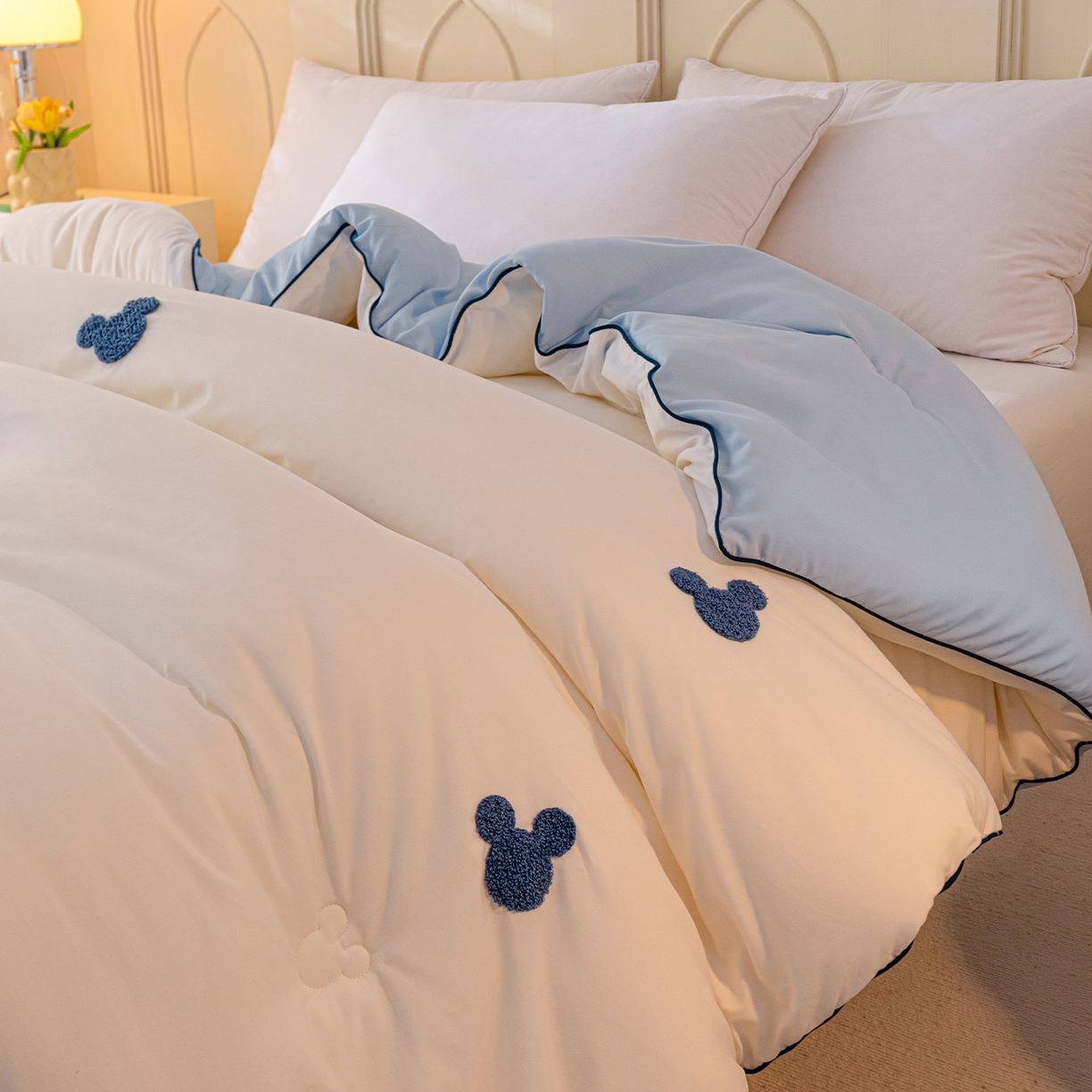 91家纺网 家纺一手货源 找家纺 一加一 2025新款中科院抗菌毛巾刺绣大豆被被子被芯-米奇 米奇-白＋蓝