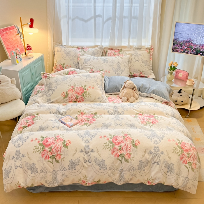 91家纺网 家纺一手货源 找家纺 慕尚家纺 2025新款高克重田园花卉类加厚牛奶绒3.5kg四件套 画意