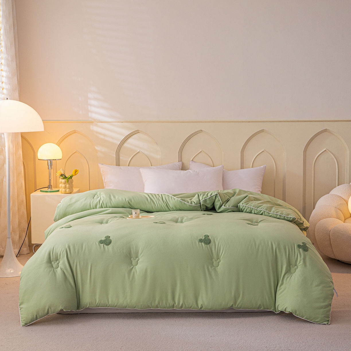 91家纺网 家纺一手货源 找家纺 一加一 2025新款中科院抗菌毛巾刺绣大豆被被子被芯-米奇 米奇-绿