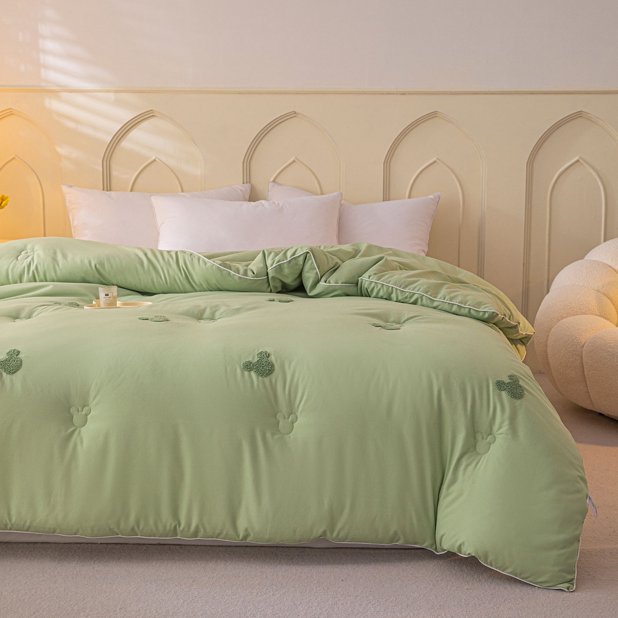 91家纺网 家纺一手货源 找家纺 一加一 2025新款中科院抗菌毛巾刺绣大豆被被子被芯-米奇 米奇-绿