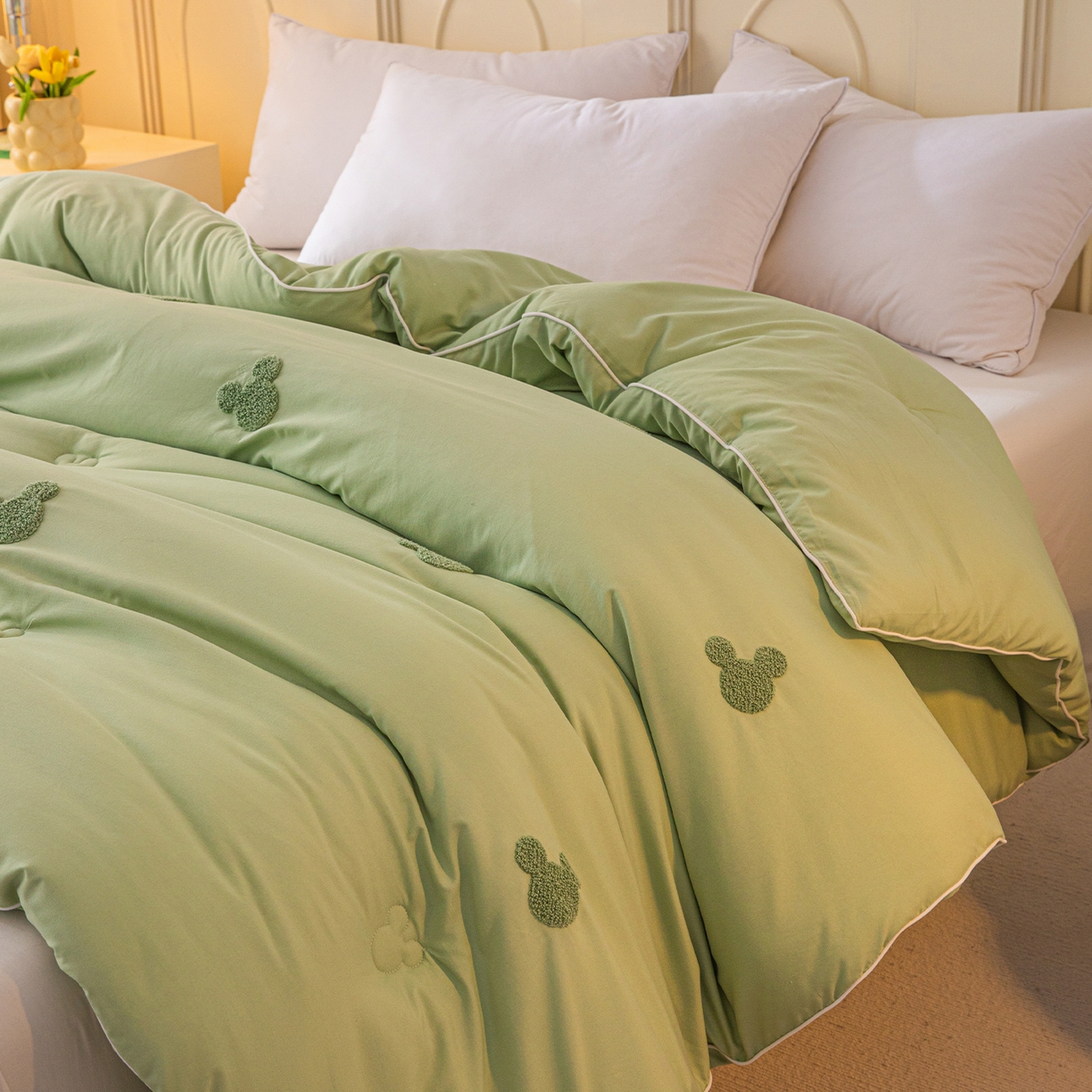 91家纺网 家纺一手货源 找家纺 一加一 2025新款中科院抗菌毛巾刺绣大豆被被子被芯-米奇 米奇-绿