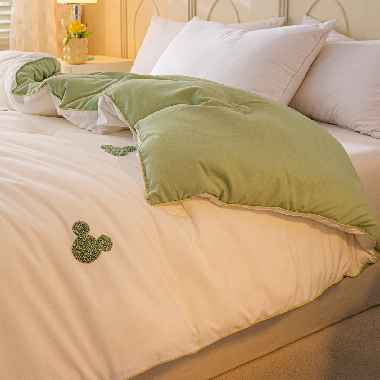 91家纺网 家纺一手货源 找家纺 一加一 2025新款中科院抗菌毛巾刺绣大豆被被子被芯-米奇 米奇-白＋绿