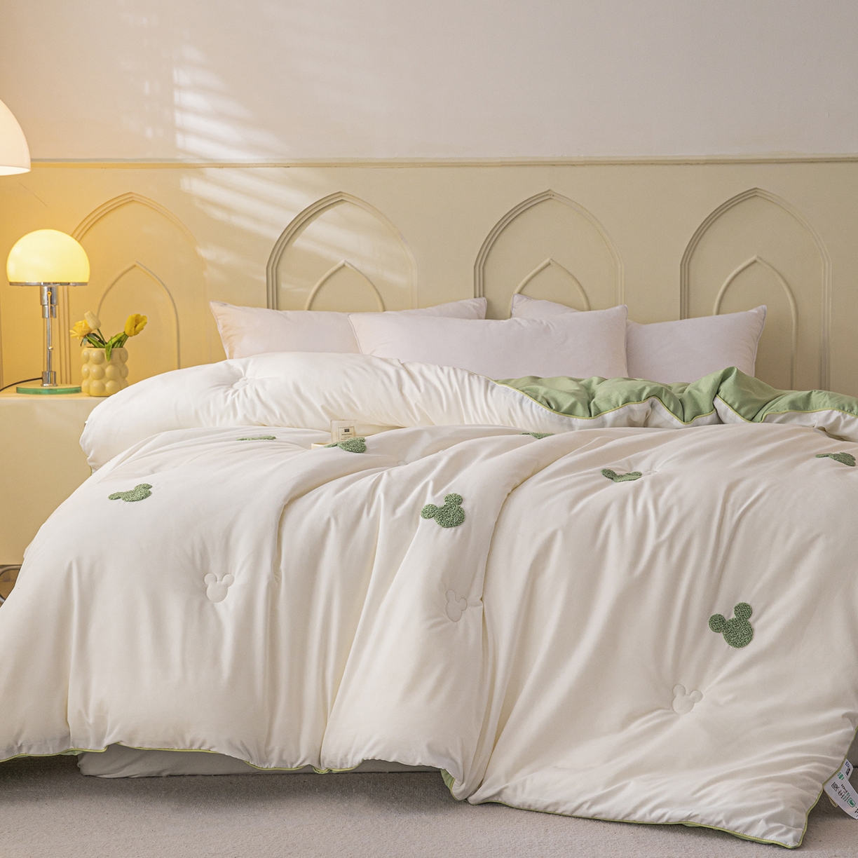 91家纺网 家纺一手货源 找家纺 一加一 2025新款中科院抗菌毛巾刺绣大豆被被子被芯-米奇 米奇-白＋绿