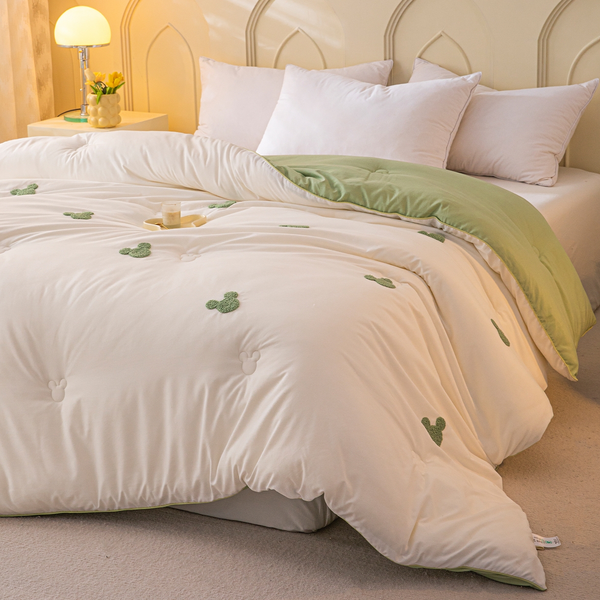 91家纺网 家纺一手货源 找家纺 一加一 2025新款中科院抗菌毛巾刺绣大豆被被子被芯-米奇 米奇-白＋绿