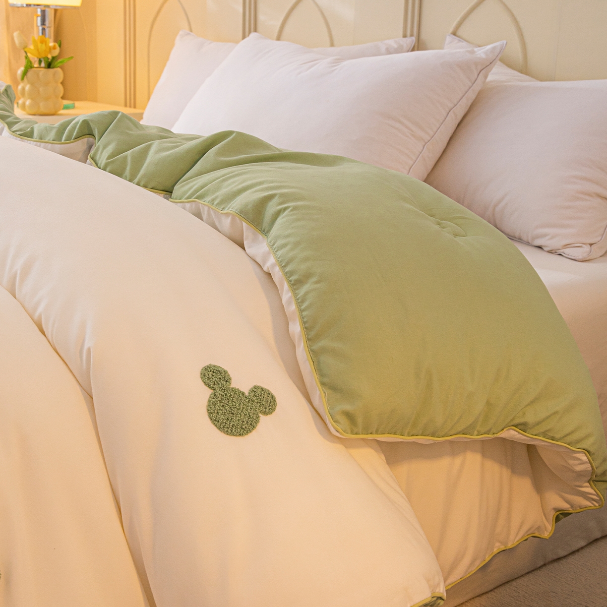 91家纺网 家纺一手货源 找家纺 一加一 2025新款中科院抗菌毛巾刺绣大豆被被子被芯-米奇 米奇-白＋绿