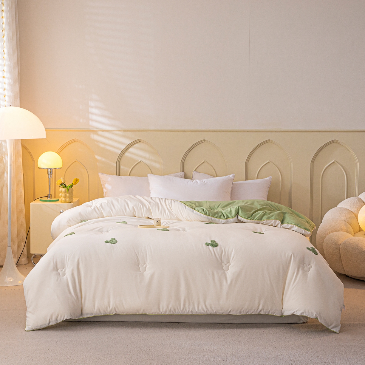 91家纺网 家纺一手货源 找家纺 一加一 2025新款中科院抗菌毛巾刺绣大豆被被子被芯-米奇 米奇-白＋绿