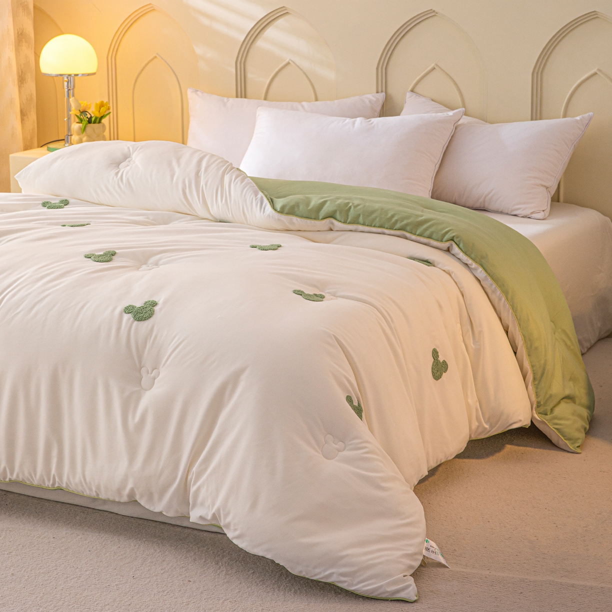 91家纺网 家纺一手货源 找家纺 一加一 2025新款中科院抗菌毛巾刺绣大豆被被子被芯-米奇 米奇-白＋绿