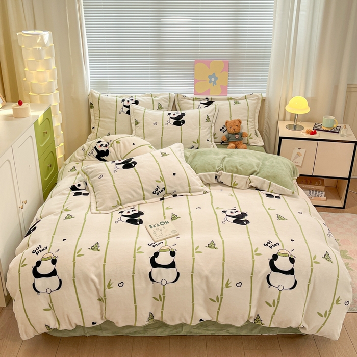 91家纺网 家纺一手货源 找家纺 慕尚家纺 2025新款高克重田园花卉类加厚牛奶绒3.5kg四件套 快乐熊猫