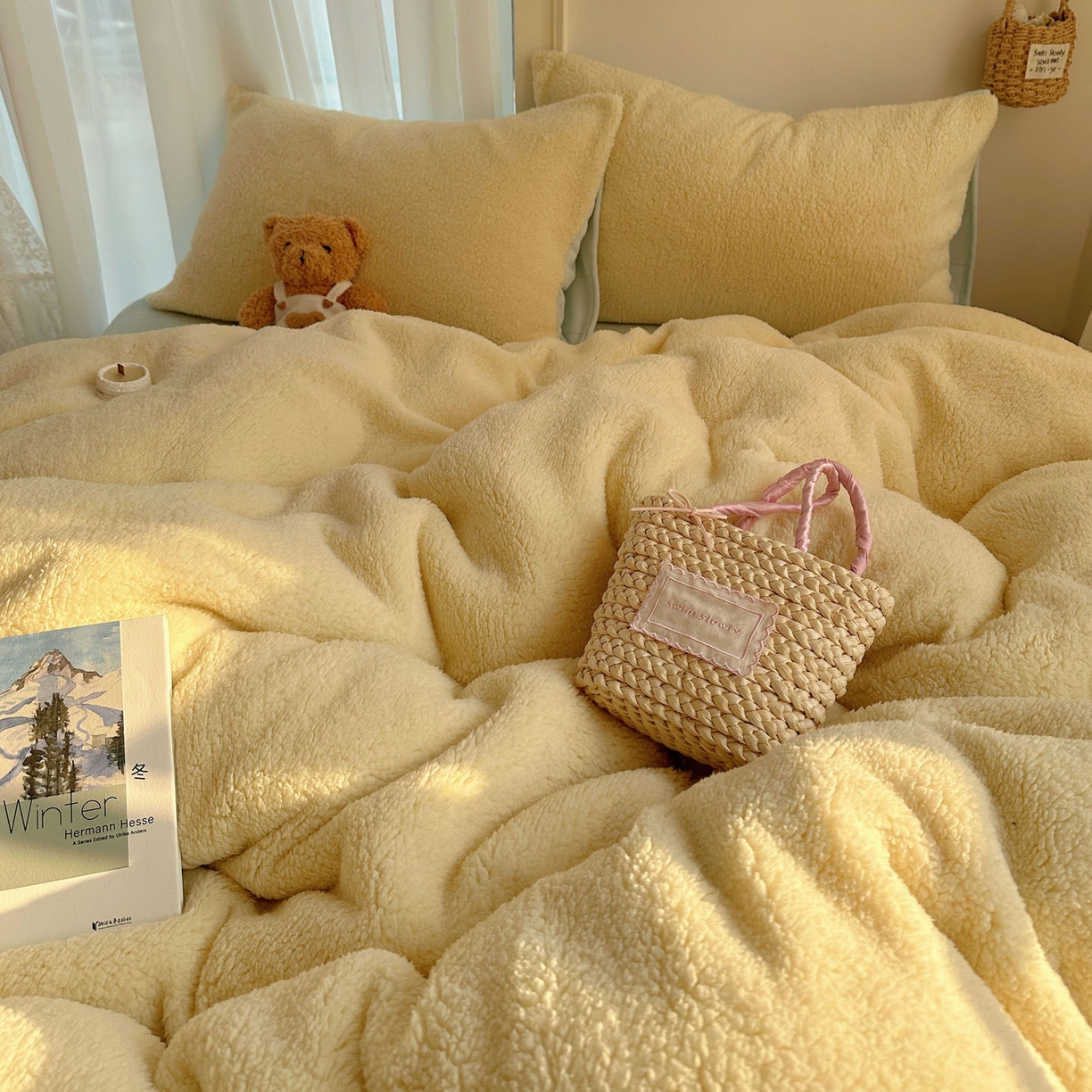 91家纺网 家纺一手货源 找家纺 顾里家纺 2025新款ins韩系糯糯羊羔绒四套件 羊羔黄蓝