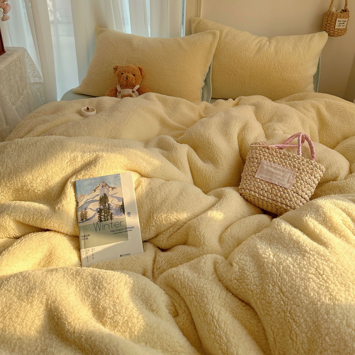 91家纺网 家纺一手货源 找家纺 顾里家纺 2025新款ins韩系糯糯羊羔绒四套件 羊羔黄蓝