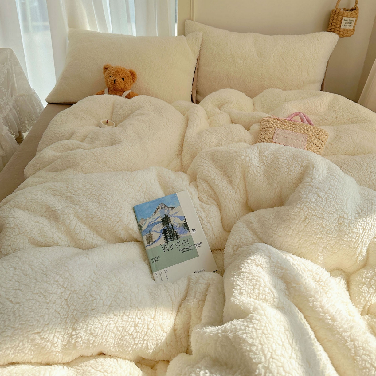 91家纺网 家纺一手货源 找家纺 顾里家纺 2025新款ins韩系糯糯羊羔绒四套件 羊羔咖