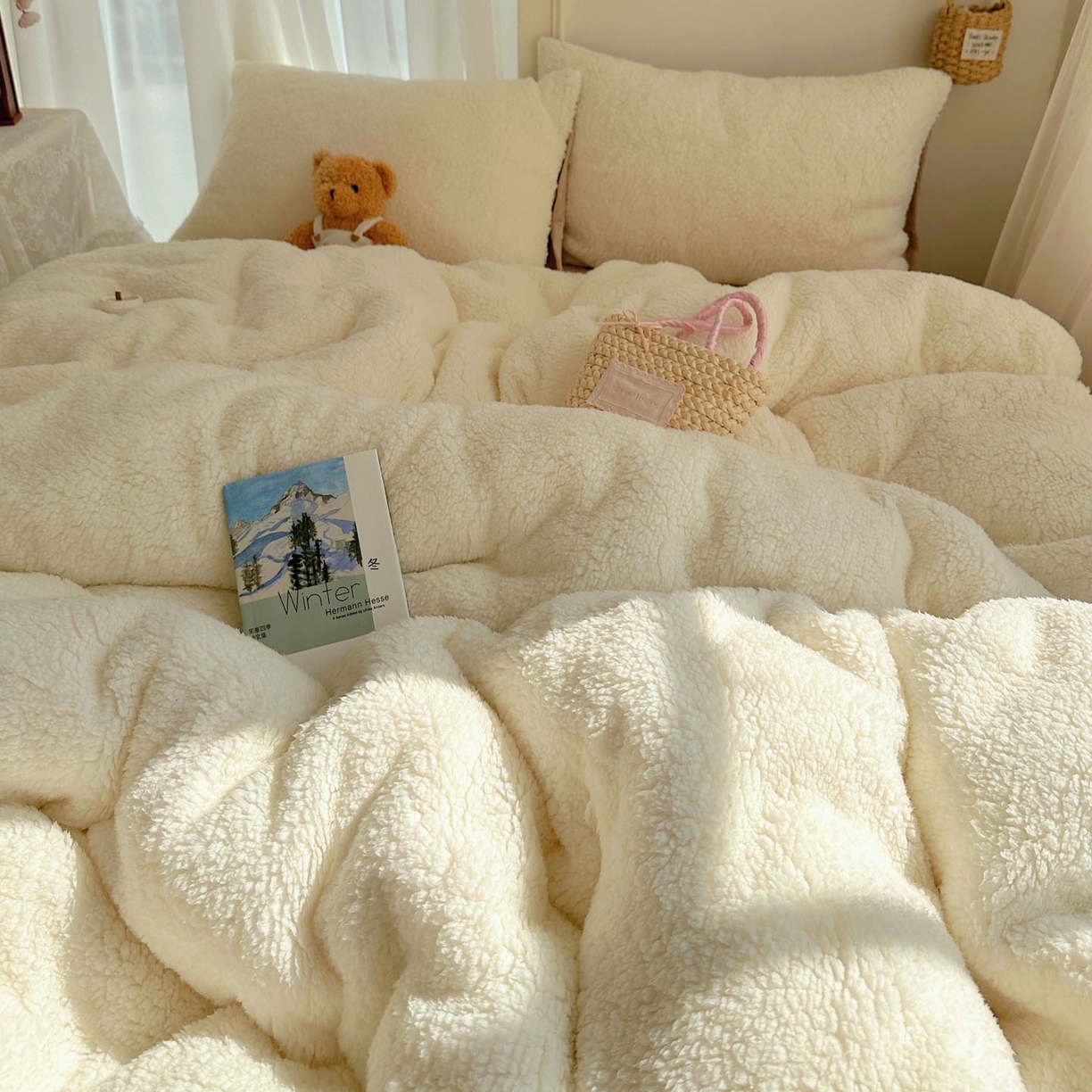 91家纺网 家纺一手货源 找家纺 顾里家纺 2025新款ins韩系糯糯羊羔绒四套件 羊羔咖