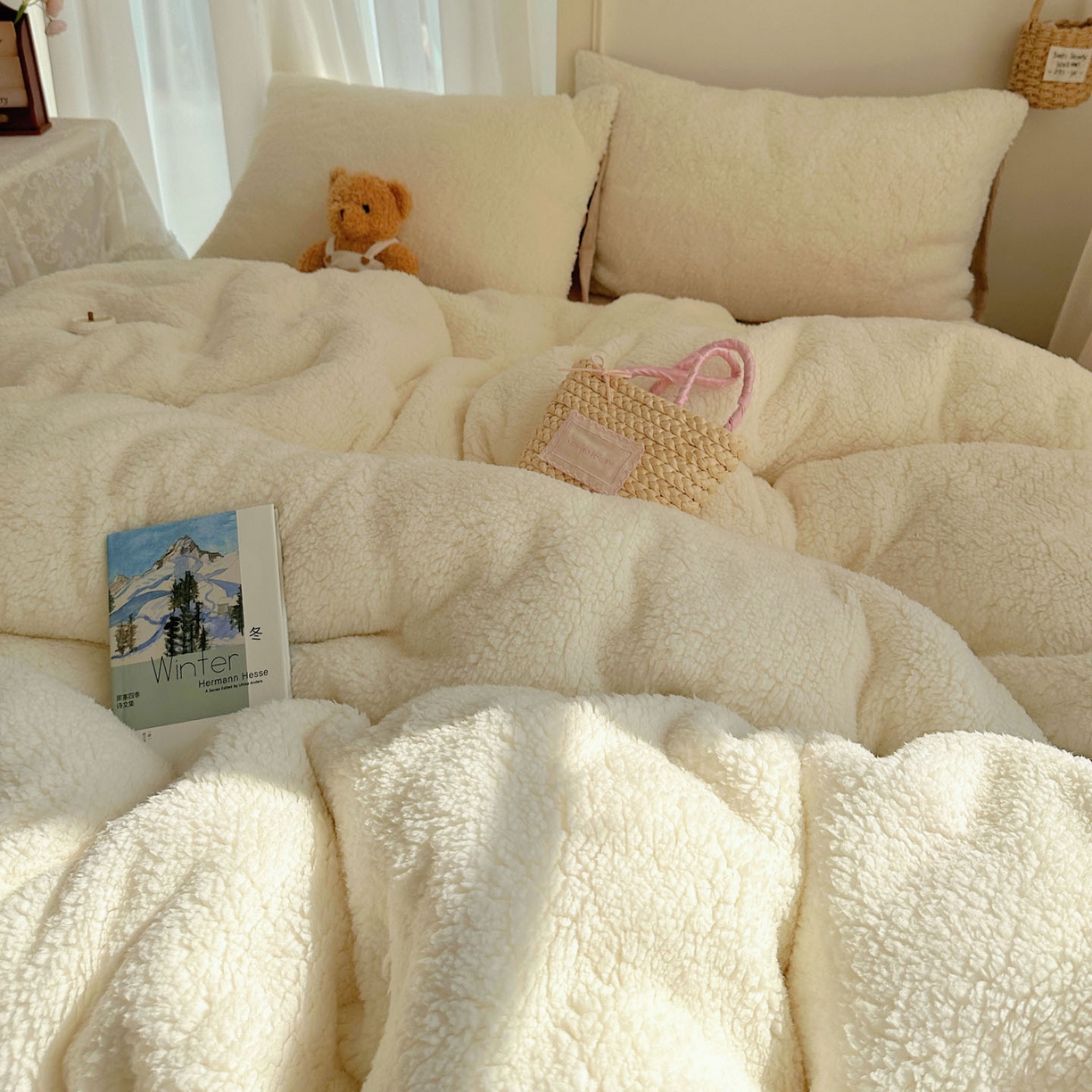 91家纺网 家纺一手货源 找家纺 顾里家纺 2025新款ins韩系糯糯羊羔绒四套件 羊羔咖