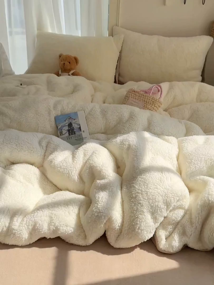 91家纺网 家纺一手货源 找家纺 顾里家纺 2025新款ins韩系糯糯羊羔绒四套件 羊羔咖