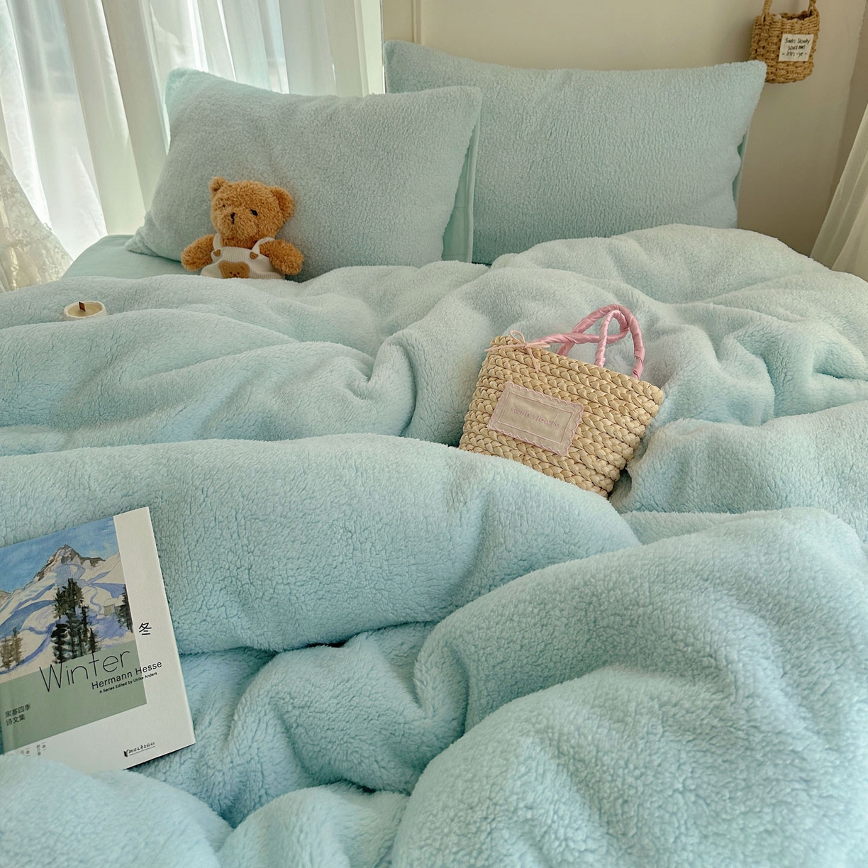 91家纺网 家纺一手货源 找家纺 顾里家纺 2025新款ins韩系糯糯羊羔绒四套件 羊羔蓝