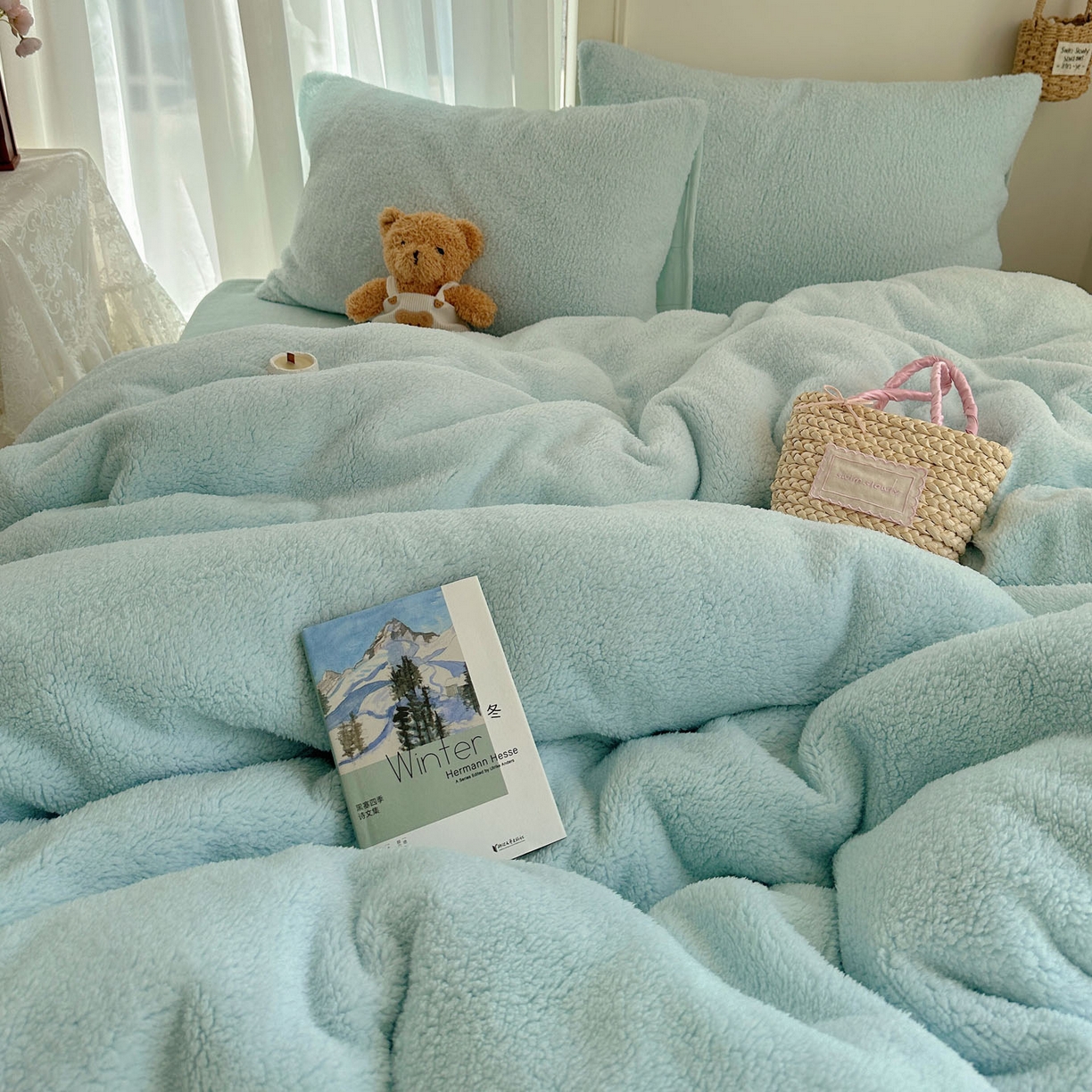 91家纺网 家纺一手货源 找家纺 顾里家纺 2025新款ins韩系糯糯羊羔绒四套件 羊羔蓝