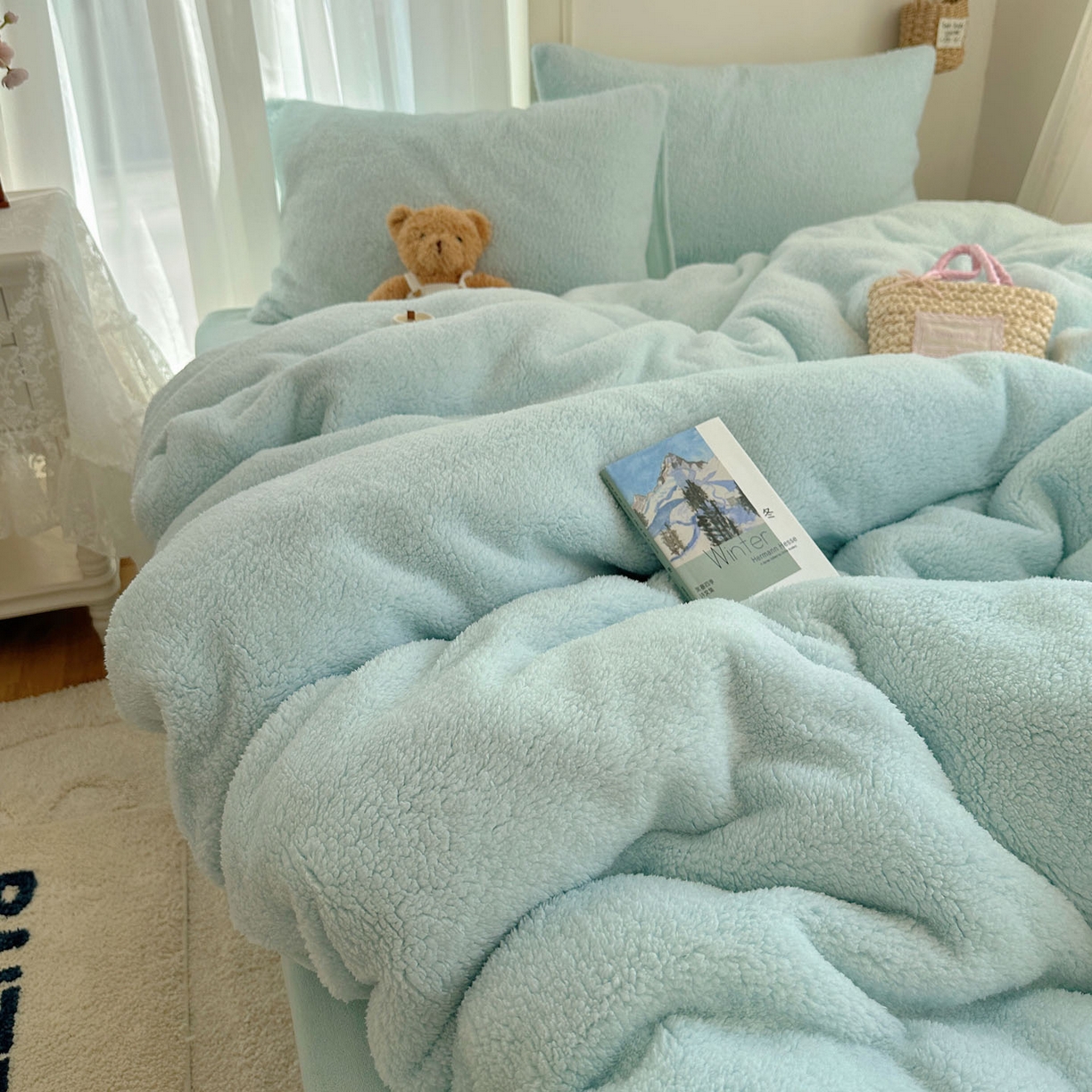 91家纺网 家纺一手货源 找家纺 顾里家纺 2025新款ins韩系糯糯羊羔绒四套件 羊羔蓝