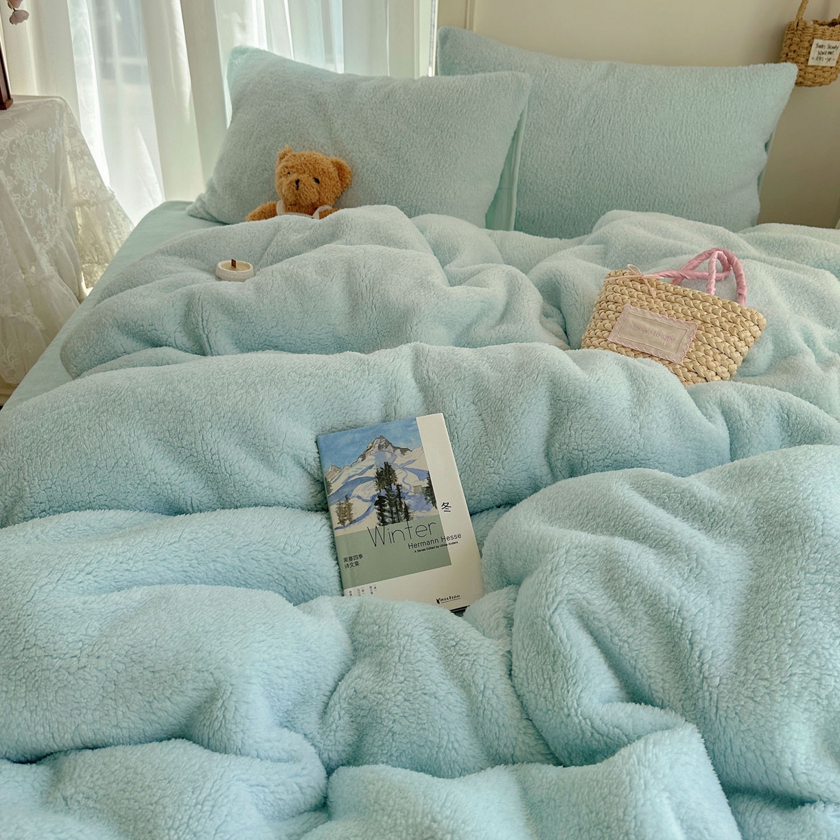 91家纺网 家纺一手货源 找家纺 顾里家纺 2025新款ins韩系糯糯羊羔绒四套件 羊羔蓝