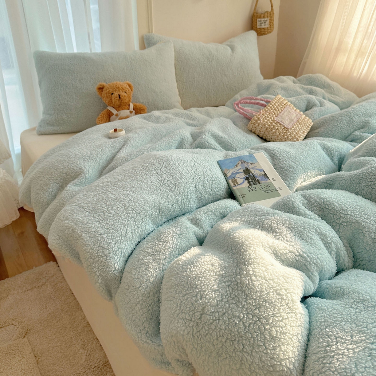 91家纺网 家纺一手货源 找家纺 顾里家纺 2025新款ins韩系糯糯羊羔绒四套件 羊羔蓝黄