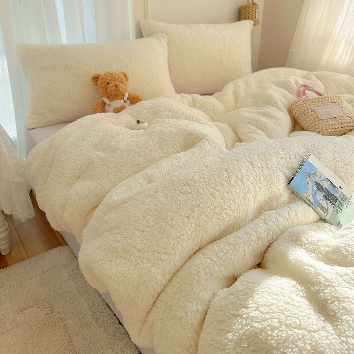 91家纺网 家纺一手货源 找家纺 顾里家纺 2025新款ins韩系糯糯羊羔绒四套件 羊羔米