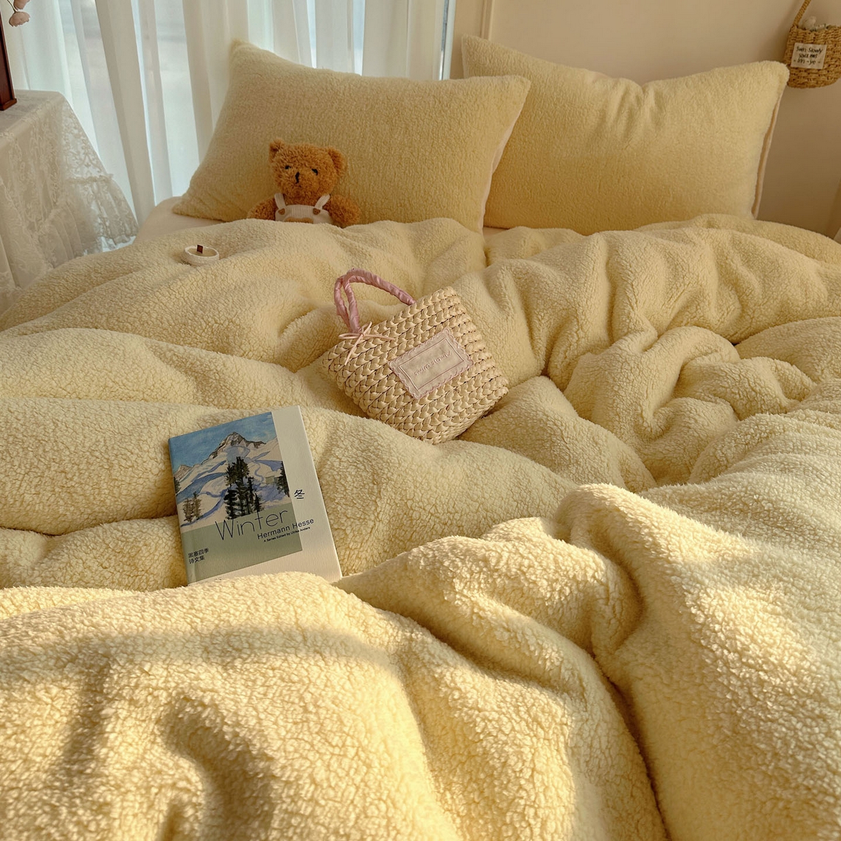 91家纺网 家纺一手货源 找家纺 顾里家纺 2025新款ins韩系糯糯羊羔绒四套件 羊羔奶黄