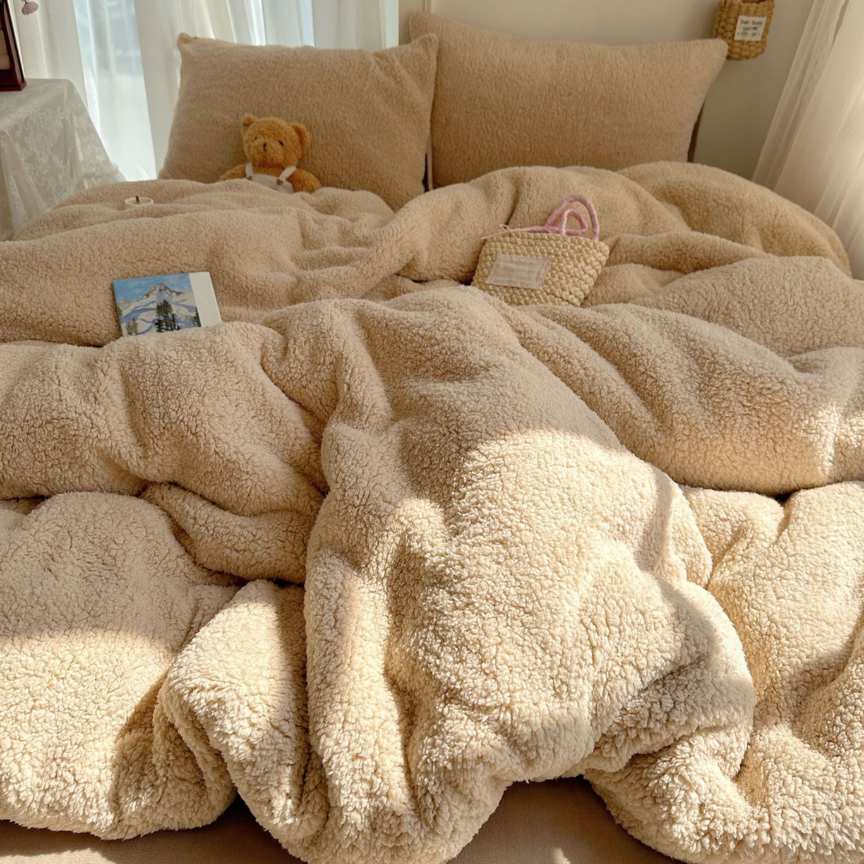 91家纺网 家纺一手货源 找家纺 顾里家纺 2025新款ins韩系糯糯羊羔绒四套件 羊羔暖咖