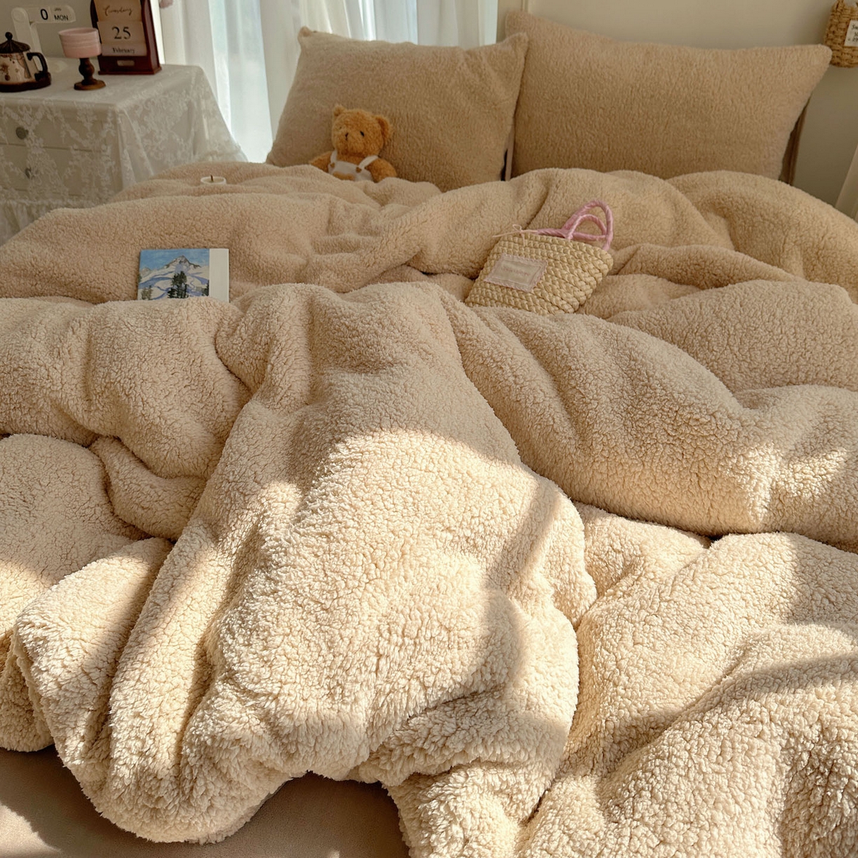 91家纺网 家纺一手货源 找家纺 顾里家纺 2025新款ins韩系糯糯羊羔绒四套件 羊羔暖咖