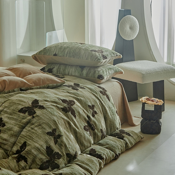 91家纺网 家纺一手货源 找家纺 缘生活 2025新款仿兔毛绒印花四件套 仿兔毛绒 蝴蝶-抹茶绿