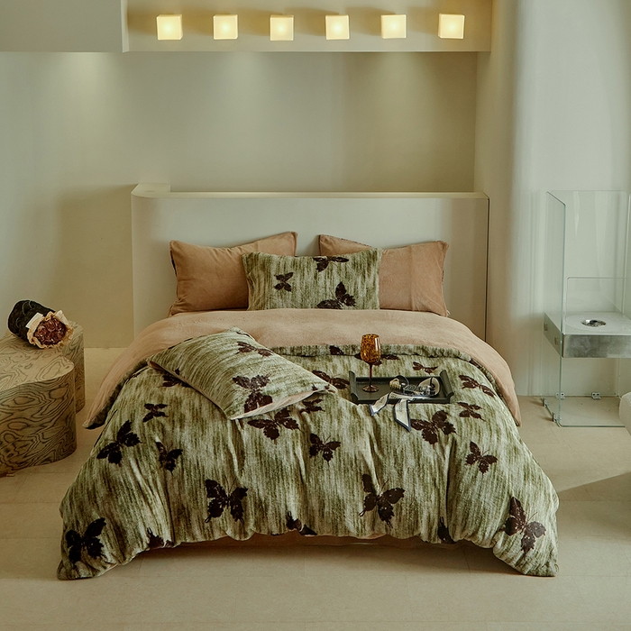 91家纺网 家纺一手货源 找家纺 缘生活 2025新款仿兔毛绒印花四件套 仿兔毛绒 蝴蝶-抹茶绿