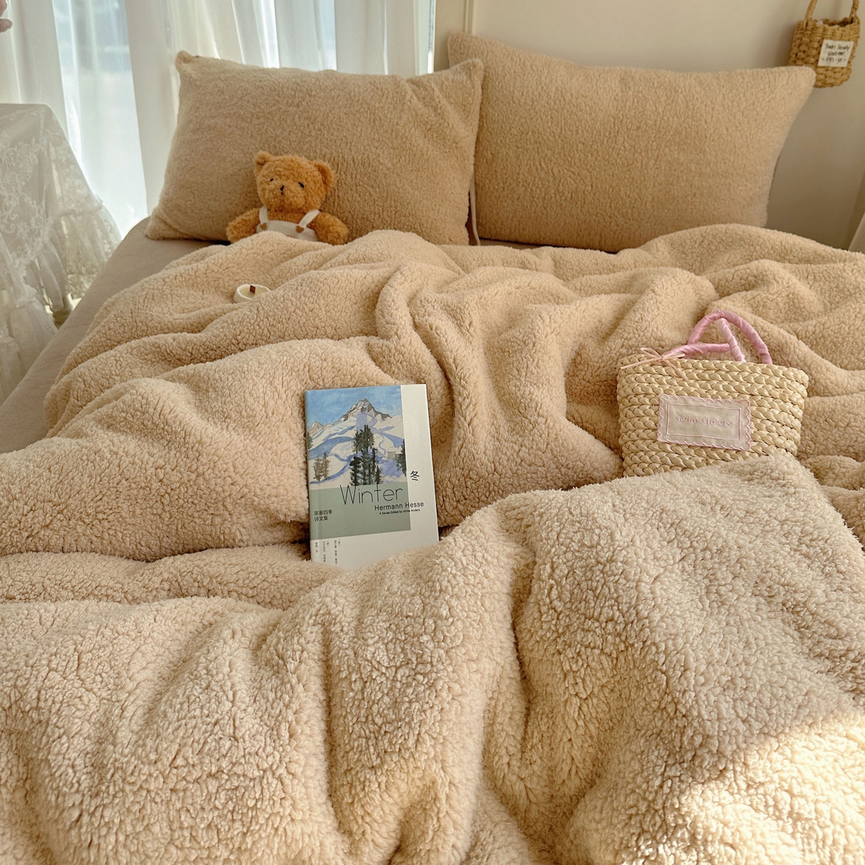 91家纺网 家纺一手货源 找家纺 顾里家纺 2025新款ins韩系糯糯羊羔绒四套件 羊羔暖咖
