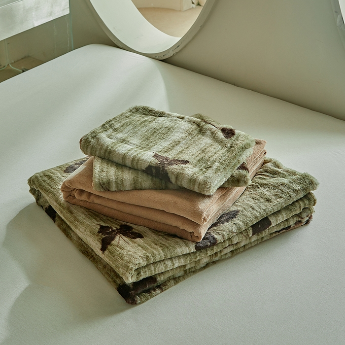 91家纺网 家纺一手货源 找家纺 缘生活 2025新款仿兔毛绒印花四件套 仿兔毛绒 蝴蝶-抹茶绿