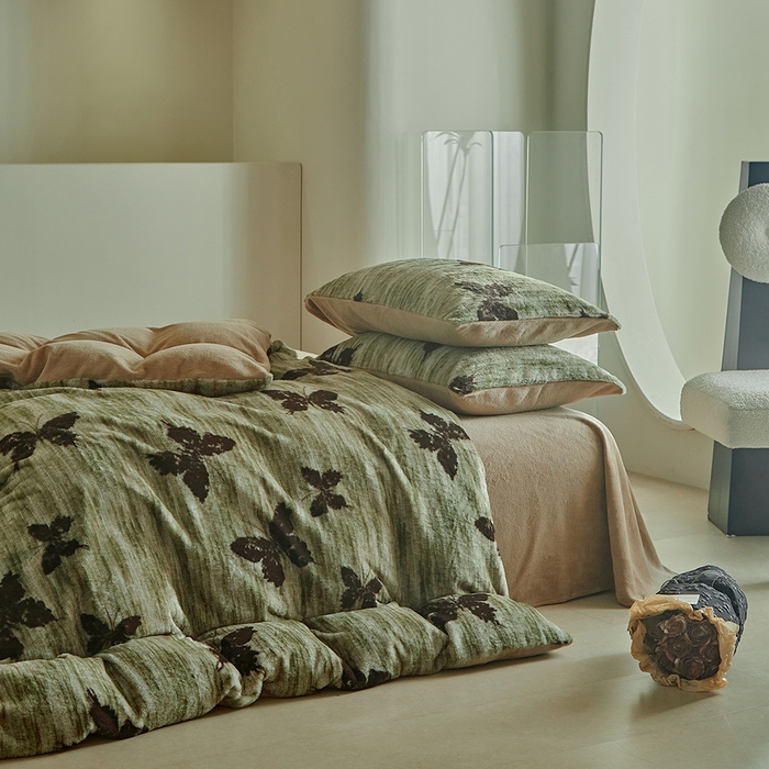 91家纺网 家纺一手货源 找家纺 缘生活 2025新款仿兔毛绒印花四件套 仿兔毛绒 蝴蝶-抹茶绿