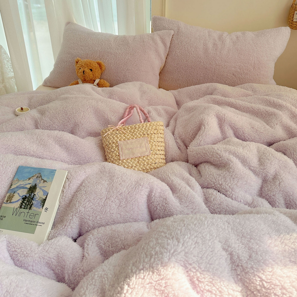 91家纺网 家纺一手货源 找家纺 顾里家纺 2025新款ins韩系糯糯羊羔绒四套件 羊羔紫黄