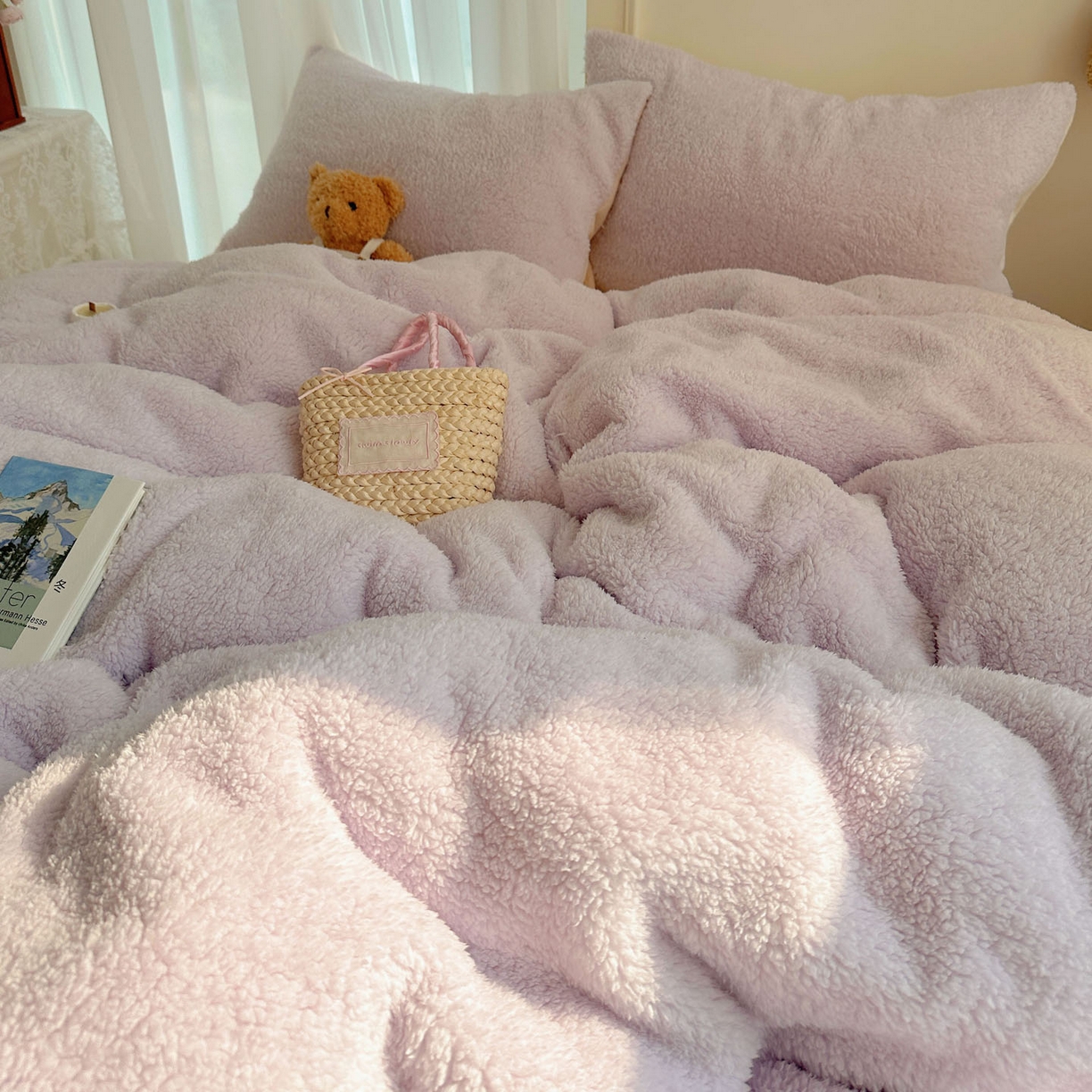 91家纺网 家纺一手货源 找家纺 顾里家纺 2025新款ins韩系糯糯羊羔绒四套件 羊羔紫黄