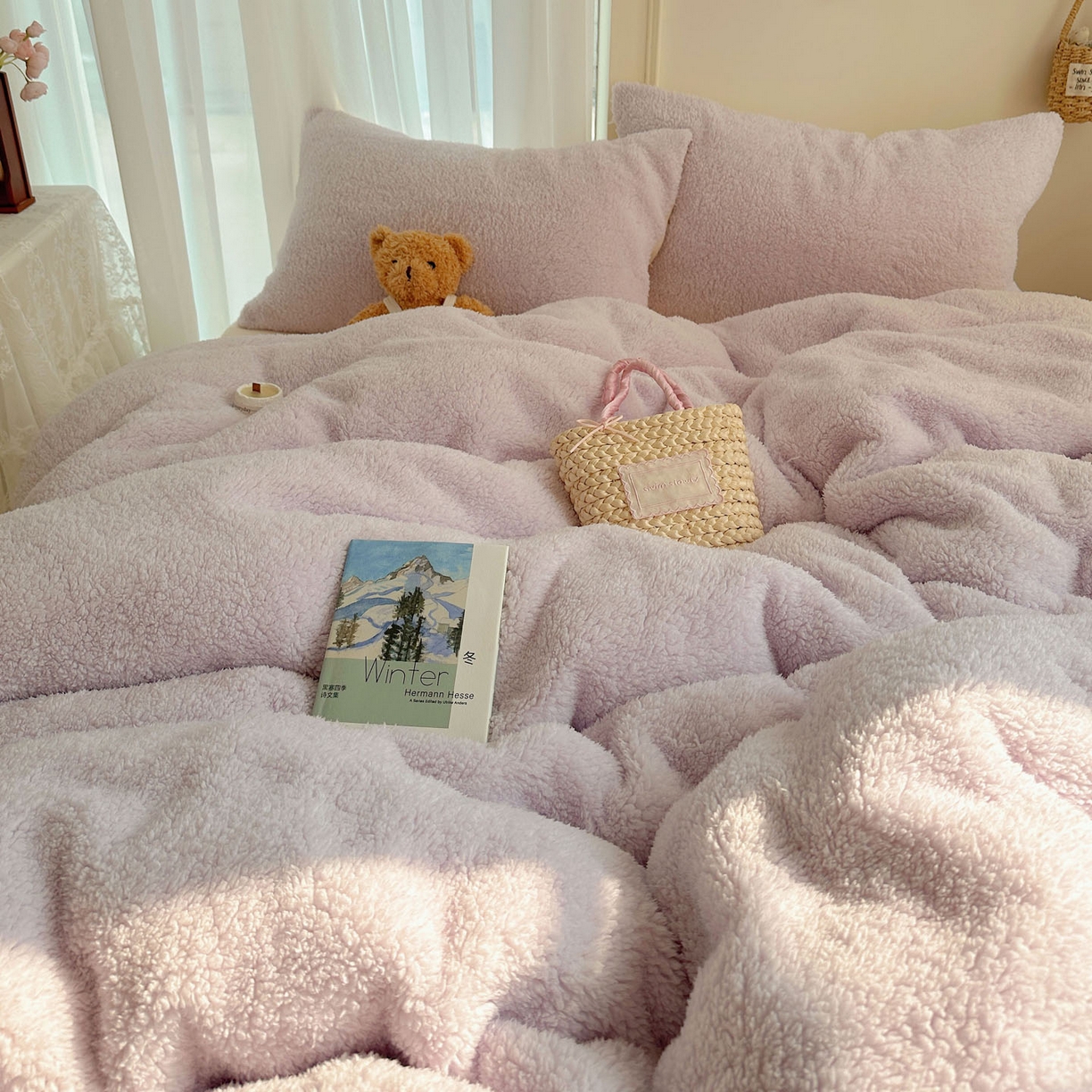 91家纺网 家纺一手货源 找家纺 顾里家纺 2025新款ins韩系糯糯羊羔绒四套件 羊羔紫黄