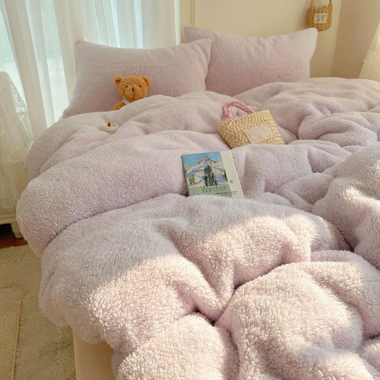 91家纺网 家纺一手货源 找家纺 顾里家纺 2025新款ins韩系糯糯羊羔绒四套件 羊羔紫黄