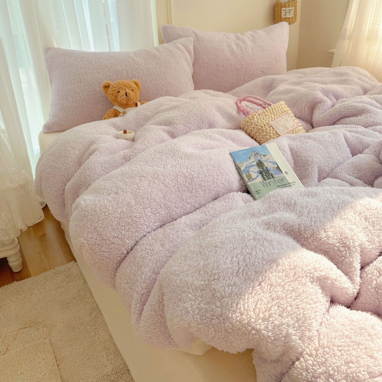 91家纺网 家纺一手货源 找家纺 顾里家纺 2025新款ins韩系糯糯羊羔绒四套件 羊羔紫黄