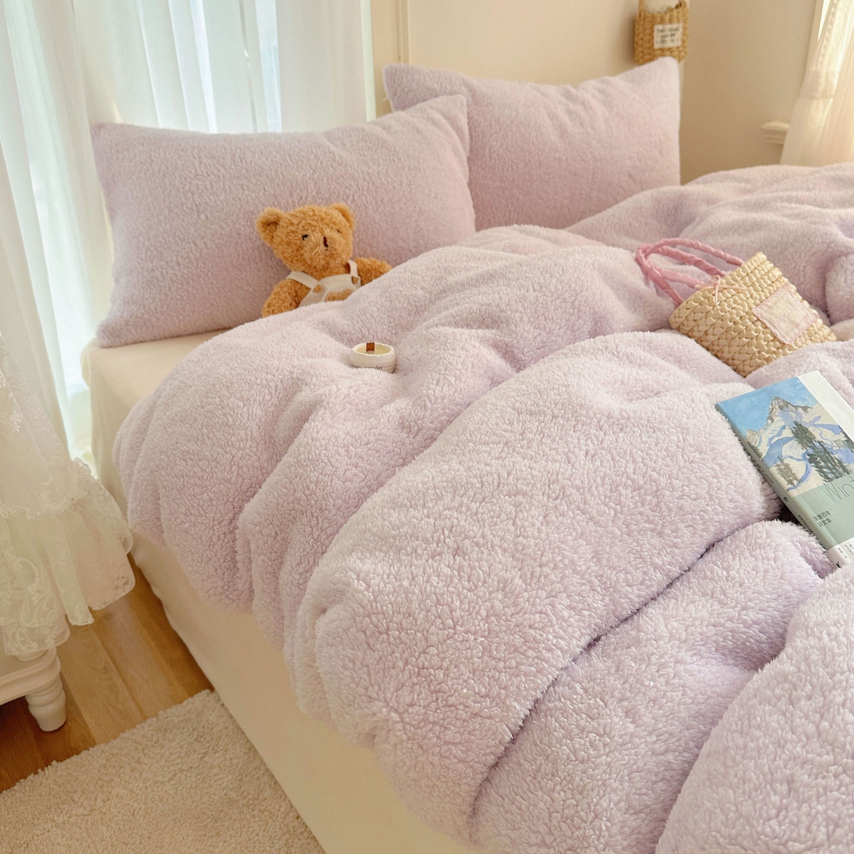 91家纺网 家纺一手货源 找家纺 顾里家纺 2025新款ins韩系糯糯羊羔绒四套件 羊羔紫黄