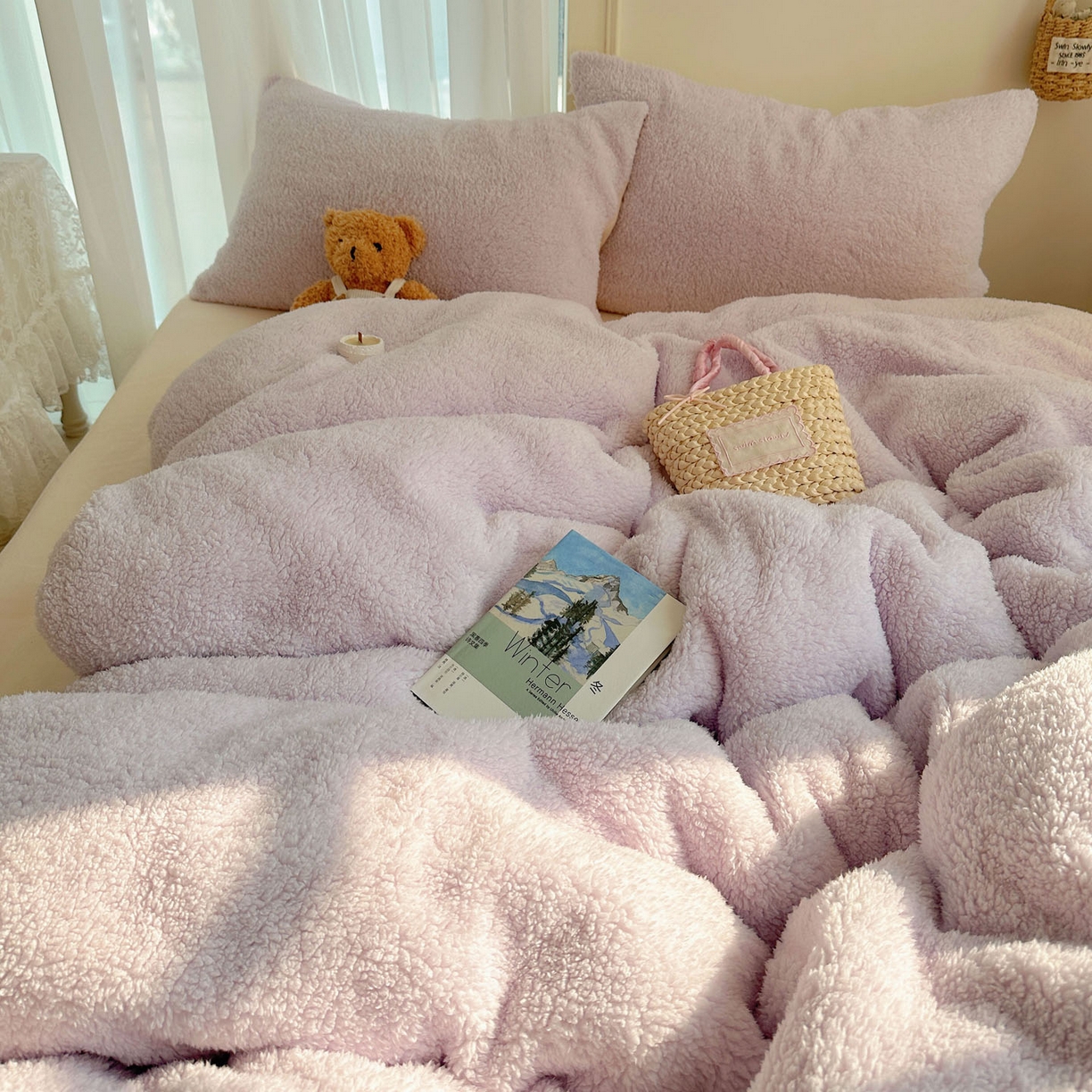 91家纺网 家纺一手货源 找家纺 顾里家纺 2025新款ins韩系糯糯羊羔绒四套件 羊羔紫黄