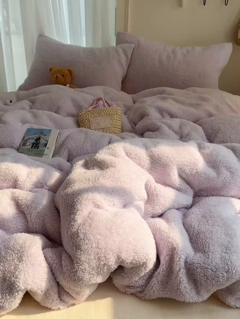 91家纺网 家纺一手货源 找家纺 顾里家纺 2025新款ins韩系糯糯羊羔绒四套件 羊羔紫黄