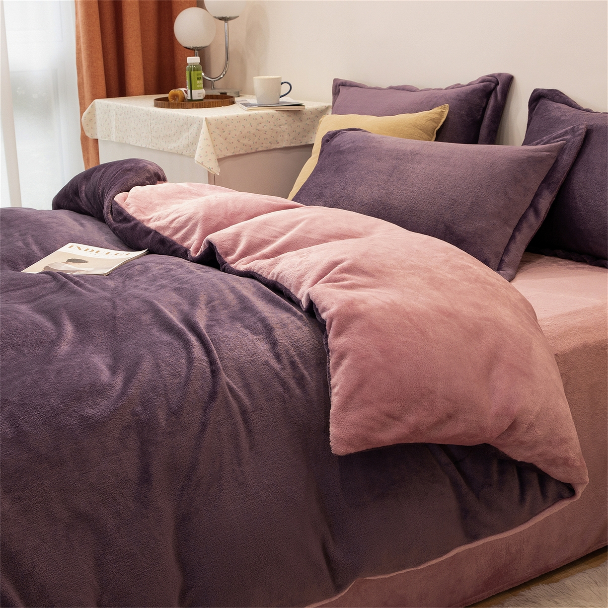 91家纺网 家纺一手货源 找家纺 （总）兰紫橙家纺 2025新款双面绒纯色双拼牛奶绒四件套--全尺寸