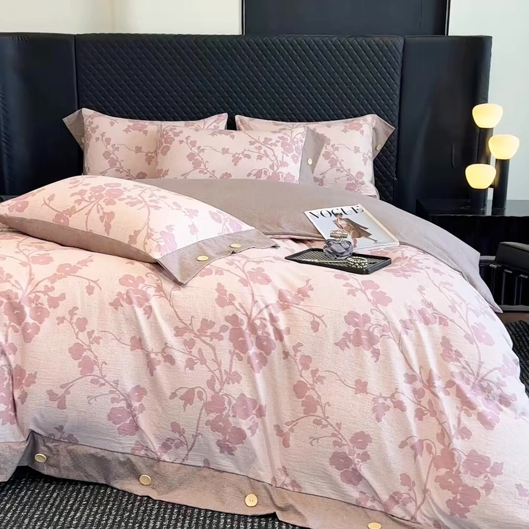 91家纺网 家纺一手货源 找家纺 （总）晚爱家纺（原晚安家居） 2025新款A类原麻四件套纽扣款加厚双层纱仿亚麻套件四件套