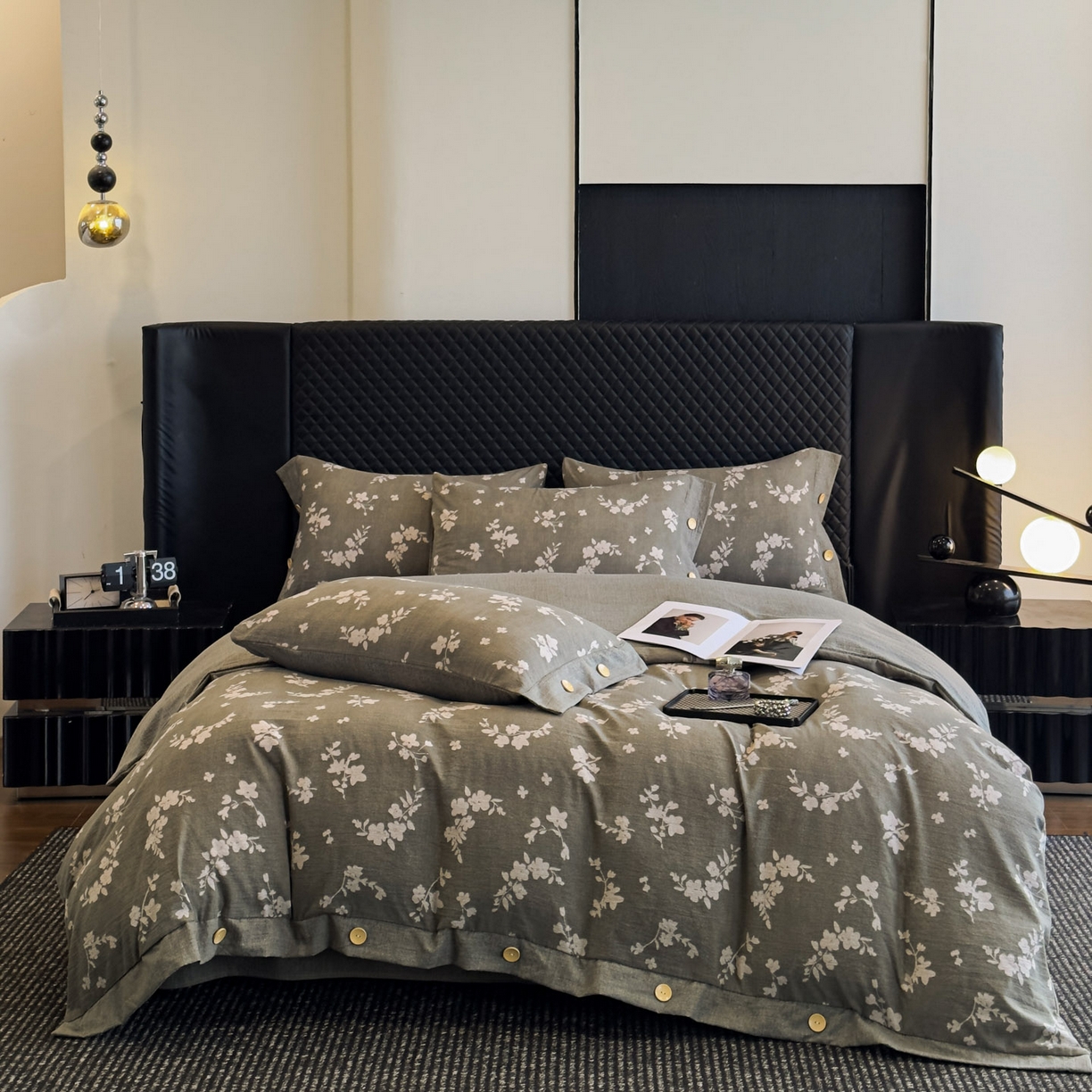 91家纺网 家纺一手货源 找家纺 晚爱家纺（原晚安家居） 2025新款A类原麻四件套纽扣款加厚双层纱仿亚麻套件四件套曼妙花园绿