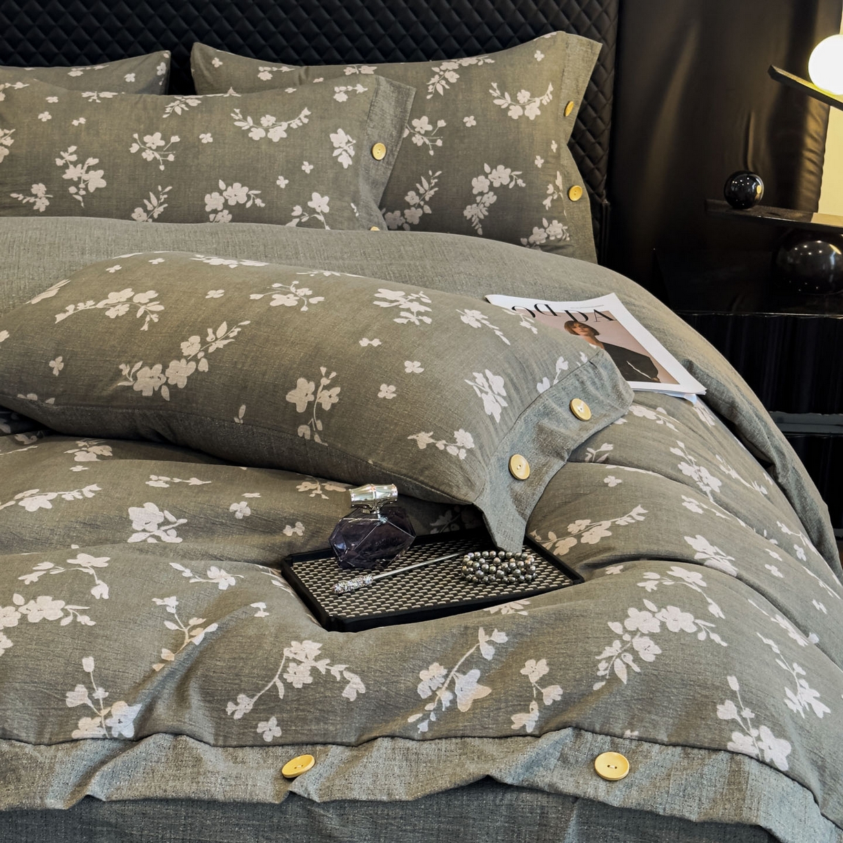 91家纺网 家纺一手货源 找家纺 晚爱家纺（原晚安家居） 2025新款A类原麻四件套纽扣款加厚双层纱仿亚麻套件四件套曼妙花园绿