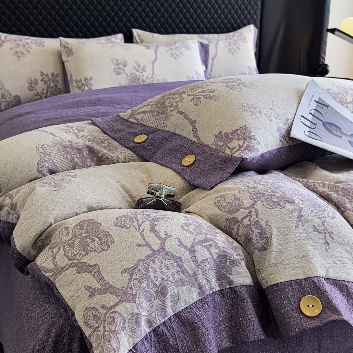91家纺网 家纺一手货源 找家纺 晚爱家纺（原晚安家居） 2025新款A类原麻四件套纽扣款加厚双层纱仿亚麻套件四件套紫嫣