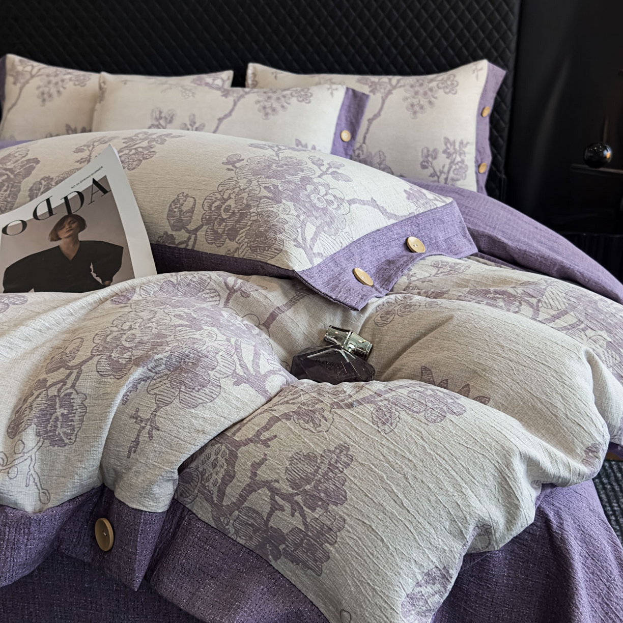91家纺网 家纺一手货源 找家纺 晚爱家纺（原晚安家居） 2025新款A类原麻四件套纽扣款加厚双层纱仿亚麻套件四件套紫嫣