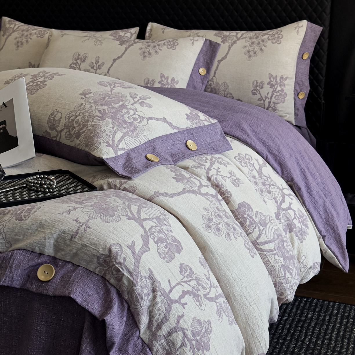 91家纺网 家纺一手货源 找家纺 晚爱家纺（原晚安家居） 2025新款A类原麻四件套纽扣款加厚双层纱仿亚麻套件四件套紫嫣