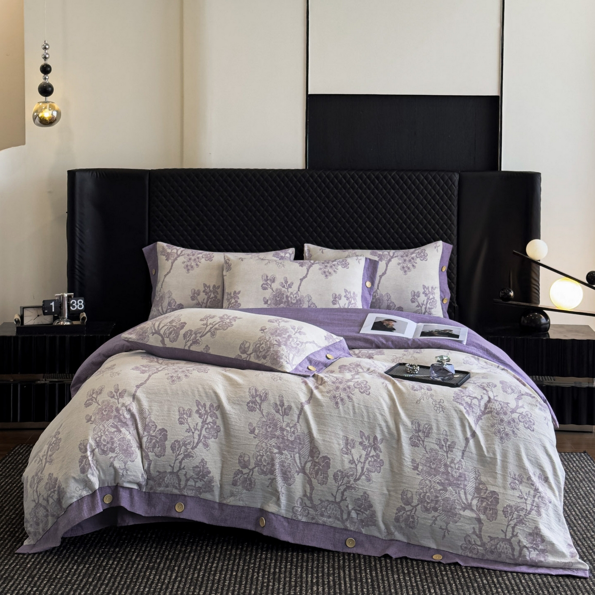 91家纺网 家纺一手货源 找家纺 晚爱家纺（原晚安家居） 2025新款A类原麻四件套纽扣款加厚双层纱仿亚麻套件四件套紫嫣